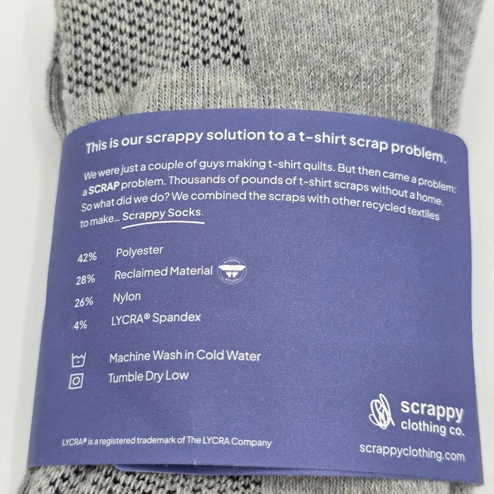 Scrappy Socks Men's Mid-Calf Gray M/L‎ Recycled Material Blend Crew Socks New